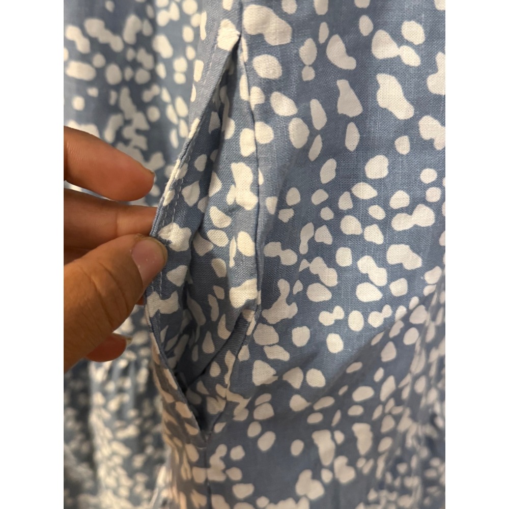 Matty M Blue White Dot Linen Blend Tiered Mini Dress V-Neck Pockets Large MD9210 - Picture 8 of 8